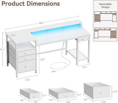 Furologee 60" White Computer Desk with 4 Drawers, Power Outlet, LED Lights | Home Office Desk with Full Monitor Stand,Storage Shelves, 4 File Drawers Cabinet ,Printer Space for Study Working Bedroom