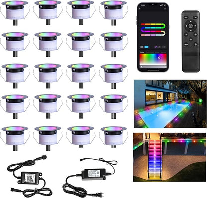 Sumaote LED Deck Lights Kit, 20 Pack 1.77" RGBW+IC Multicolor Dynamic Low Voltage Recessed Landscape Lights, IP67 Waterproof 12V Step Light Outdoor for Garden Yard Path Ground Stairs