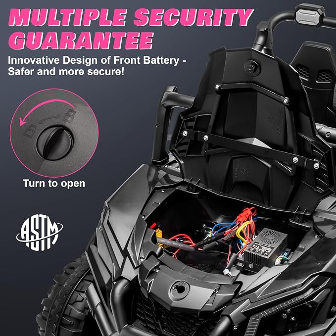 24V 2 Seater Ride on Car for Kids, MOEYURO 800W Powered UTV Toy, 5MPH Large Side by Side Electric Car w/Remote, Bluetooth, LED Light, 3 Speeds, Music, Spring Suspension, Storage, Black