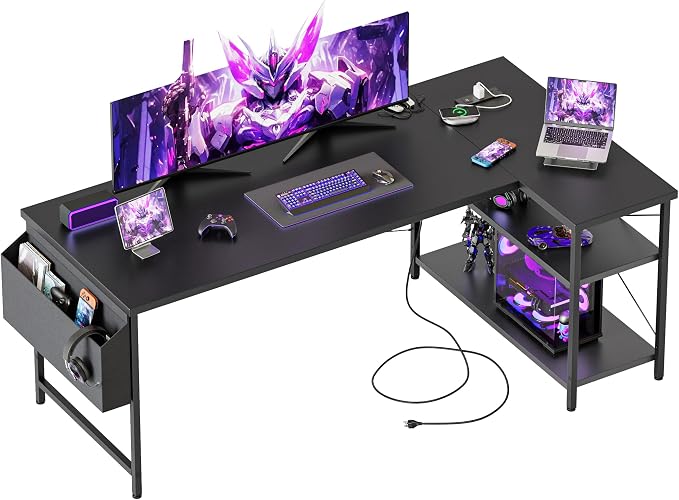 Mericonia 55 inch L Shaped Gaming Desk, Large Corner Desk with Shelves | Reversible Computer Desk with Power Outlets & Storage Bag, Office Table for Home Bedroom Study Work Writing