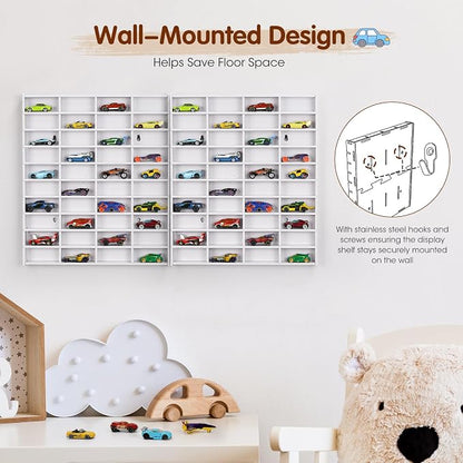 Krafetto 2 Pack Toy Car Display Shelf, Holds 80 Diecast 1/64 Toy Cars, Wall Mount Model Car Storage Organize Case, White