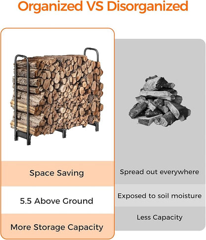 Firewood Rack，4ft Heavy Duty Fire Wood Storage Racks for Indoor Outdoor，Metal Log Holders for Firewood，Fireplace Wood Pile Storage Stacker Organizer, Black