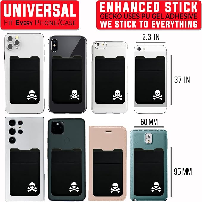Gecko Travel Tech Double Pocket - Adhesive Card Holder - Cell Phone Pouch - Stick on Spandex Pocket - Carry Credit Cards and Cash - Skull