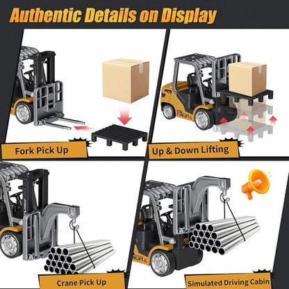 Mini Forklift Remote Control 1:64 RC Forklift Toy, 2.4GHz Construction Vehicle with LED Music, Variable Speed 2-in-1 Transformable Lift Fork & Hook, Includes 4 Road Barriers, Gift for Kids & Adults