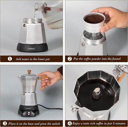LAOION Cafeteras Electricas Modernas,6 Cup Portable Espresso Maker,300ml | Moka Pot with Detachable Base & Overheat Protection, Great for Home，Office, or Travel, a Thoughtful Gift for Coffee Lovers