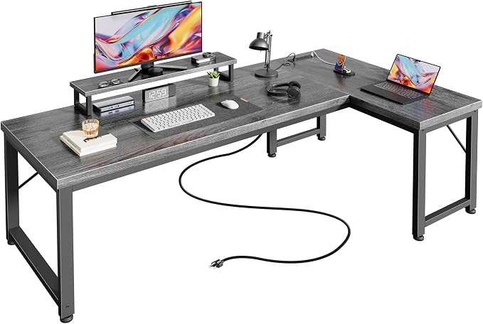 PRAISUN 53" L Shaped Computer Desk, Power Outlets, Monitor Stand, Grey | USB-C Ports, Reversible Charging Station, Spacious Desktop & Legroom, 0.94 Inch Thick Desktop, for Gaming, Study & Work