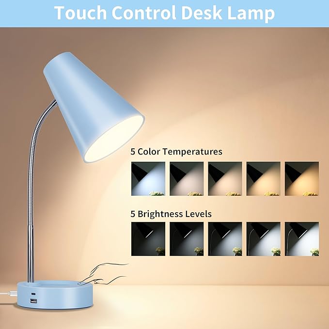 RUNTOP Metal Desk Lamp, Eye-Caring Table Lamp, Study Lamps with Flexible Goose Neck for Bedroom and Office, Desk lamp with USB, 5 Color Temperatures, 5 Brightness Levels (Blue)