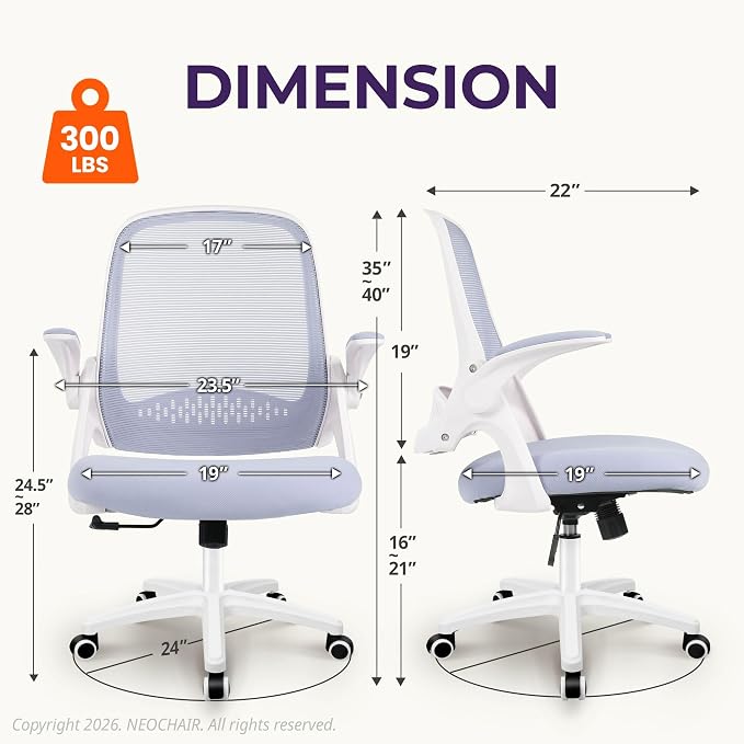 NEO CHAIR Office Desk Gaming Ergonomic Computer Chair with Lumbar Back Support Adjustable Height Swivel Rolling Wheels Flip-up Arms Mesh Chair for Home Vanity (Purple) | Lumbar Support, Height Adjustment, 360° Swivel and Rolling Base, Space-Saving Desi...