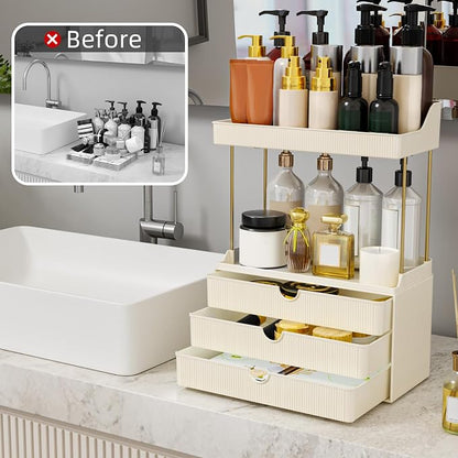 StorBin Arcylic 5-Tier Makeup & Skincare Organizer for Vanity, Bath | Smooth 3 drawers, clear body, gold frame, non-slip, for perfumes, serums, face masks, palettes, vanity & bath counter,white