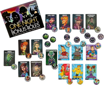 One Night Ultimate Bonus Roles Expansion by Bezier Games | Adds 16 New Roles, Artifact Tokens & Player Number Tokens for One Night Ultimate Werewolf, Vampire, Alien & Super Villains | Ages 14+
