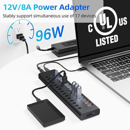 Powered USB Hub 10Gbps, 17 Ports 96W USB 3.2 Hub(10 USB-A 3.2 Ports+3 QC 24W Fast Charging Ports+2 USB-C 3.2 Ports+SD/TF Card Reader), 12V/8A Power Adapter for Laptop, PC, Computer, HDD,Flash Drive
