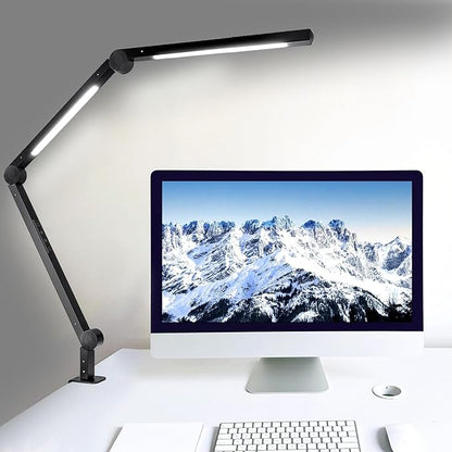 LED Desk Lamp with Clamp Flexible 3 Sections Swing Arm 2 Light Sources Desk Light, 4 Color Modes & 5 Brightness, Eye Caring Led Table Light with Memory Function for Table Lamps for Office