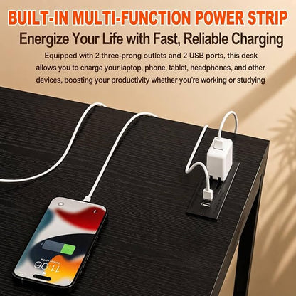 Folding Table Computer Desk - 35.8" No Assembly Folding Desk with Power Outlets & USB Charging Port, Small Desk, Foldable Office Desk, Compact Storage Portable Use for Small Space, Dark Oak