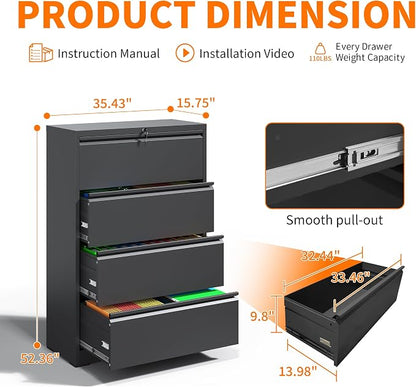 4 Drawer Lateral File Cabinet with Lock Heavy Duty Large Metal Filing Cabinet Home Office Cabinets Wide Steel Cabinets for Legal/Letter Size,Assembly Required