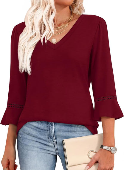 WIHOLL Womens Blouses Dressy Casual 3/4 Length Sleeve Tops Lace Trendy 2026 Spring Summer V Neck Shirts Vacation Outfits