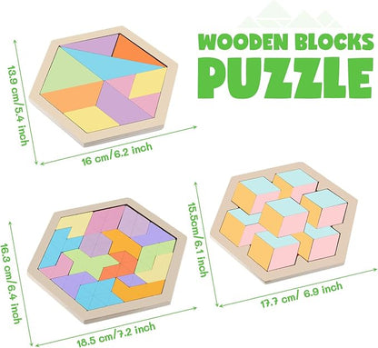 Yunsailing 3 Pack Large Wooden Blocks Puzzles Hexagon Tangram Puzzle Wooden Russian Brain Puzzles for Adult Challenge Teasers Geometric Jigsaw Logic Iq STEM Educational Gift Graduation(Fresh)
