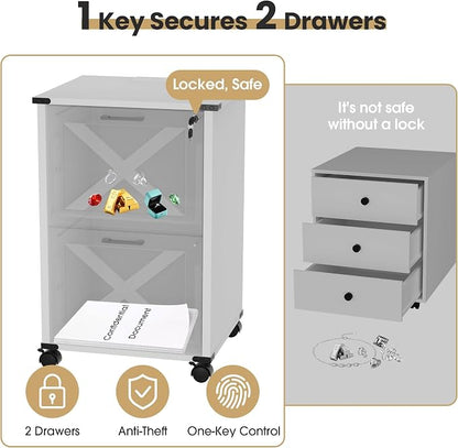 Onelike Small Wood File Cabinet with Lock, Nightstand with Charging Station, 2 Drawer Under Desk Lateral Filing Cabinets for Home Office, Printer Stand with Storage, White