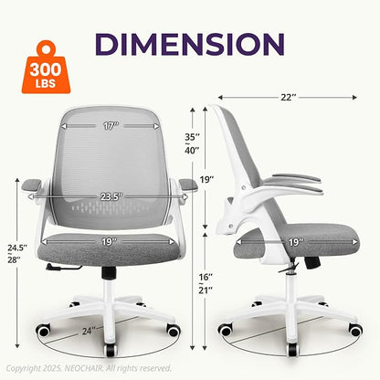 NEO CHAIR Office Desk Chair, Ergonomic Mesh with Flip-Up Armrests, Grey | Lumbar Support, Height Adjustment, 360° Swivel and Rolling Base, Space-Saving Design for Home Office, Vanity or Study