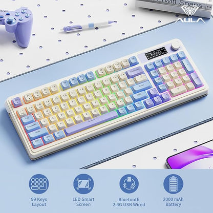 AULA S99 Pro Gaming Keyboard, Cute Creamy Wireless Keyboard | Tri-Mode Bluetooth/2.4G/USB-C Computer Keyboards, Media Knob Custom RGB Backlit with Number Pad Smart Screen- Purple