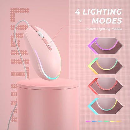seenda Wired Mouse - USB Corded Mouse with Colorful RGB Backlit, Plug and Play, 1600 DPI Optical Tracking，Silent Computer Mouse for Laptop, PC, Chromebook, Desktop, Office, School, Home, Pink