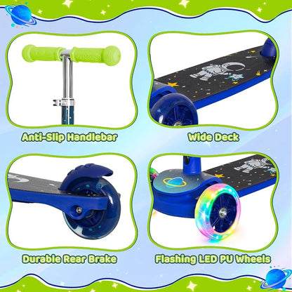Nattork 3-Wheel Toddler Kick Scooter for Kids Girls Boys – Adjustable Height Scooter with Light-Up Wheels, Anti-Slip Deck, Lean-to-Steer Design for Ages 2-8