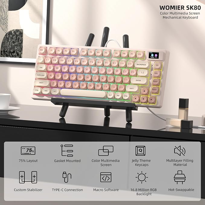 Womier SK80 75% Foundation Mechanical Keyboard with Multimedia Display | Pink Gaming Creamy Keyboards, Jelly Keycaps Hot Swap RGB Wired Key board Pre-lubed POM Switch for Mac/Win, Pink