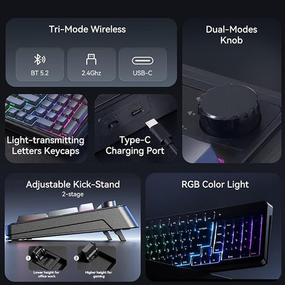 AULA Keyboard Gaming Wireless Creamy Computer Keyboards with Number Pad | Side-printed Light Transmission Letters Keyboard,99 Keys,RGB Backlit,Tri-Mode BT/2.4GHz/USB-C Connection,Gradient Grey