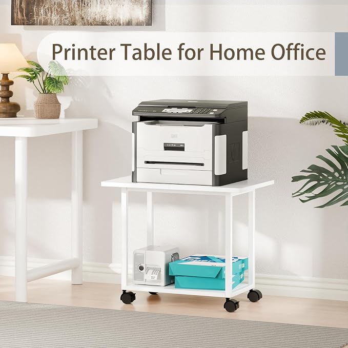 MARTY 22"x15.75" Large Under Desk Printer Stand with Storage Shelf 2-Tier Rolling Printer Cart with Wheels Printer Table for Home Office Heavy Duty Storage Rack for Scanner Fax Machine, White