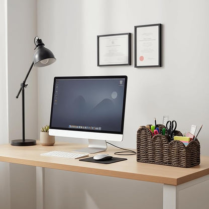 CubesLand Bedside Table Desk Organizer Caddy, Remote Pen&Pencil Holder Cup | Makeup Brush Holder w/Scalloped Perfect for Home, Office Desk, Living Room Table Decor, 3 Slots Brown