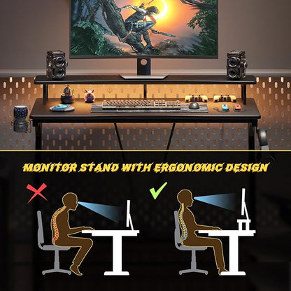 Gaming Desk with Power Outlets & Music Strip Lights,Computer Desk with Large Monitor Stand, PC Laptop Table for Small Spaces, Gamer Workstation with Cup Holder, Headphone Hook for Home Office
