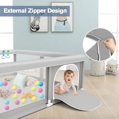 Baby Playpen with Balls and Pull Rings for Babies and Toddlers 50 x 50 inch, Play Yards Indoor, Sturdy Safety Play Pen with Soft Breathable Mesh, Baby Fence