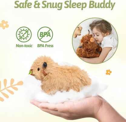 OUOZZZ Highland Cow Stuffed Animal, 14.5" Large Mom and 4 Babies Set | Realistic Fluffy Plush Toy, Includes 4 Baby Calves, Travel-Friendly & Portable