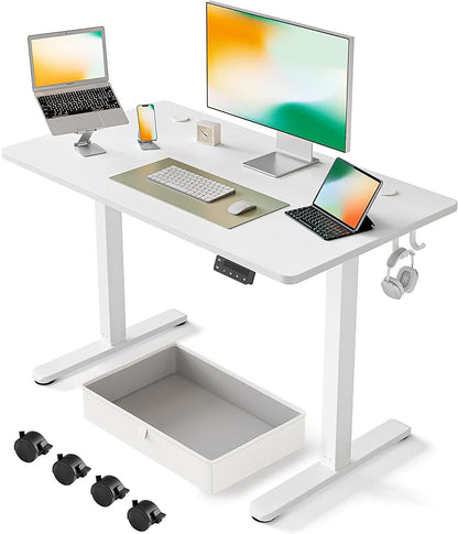FEZIBO 40 x 24 Inches Standing Desk with Drawer, Adjustable Height Electric Stand up Desk with Storage, Sit Stand Home Office Desk, Ergonomic Computer Desk, White