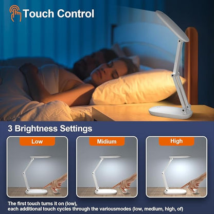 LED Desk Lamp for Office Home & Battery Operated Lamp Rechargeable Lamp Foldable & Portable Light, [2-fold support frame higher] 3 Brightness Dimmable Small Desk Lamp Wireless Reading Lamp