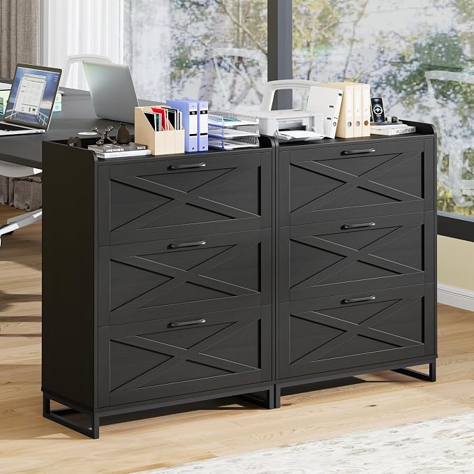 Halitaa File Cabinet 3 Drawers Lateral File Cabinet with Charging Station for Letter/Legal/A4 Size Hanging Files, Large Wood File Storage Cabinets Printer Stand for Home Office, Black