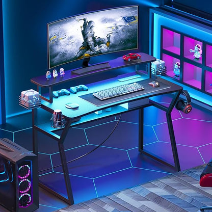Gaming Desk with Power Outlet&Led Lights, Computer Desk with Monitor Stand and Open Shelf,Gamer Table Workstation with Cup Holder, Headphone Hook, 2 Speaker Stand for Home Office