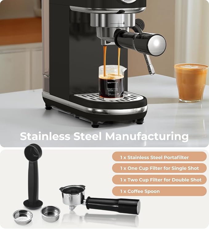 atatix 20 Bar Espresso Machine with Milk Frother, Compact Espresso Maker | Black Stainless Steel Coffee Machine,with Precise Temp Contro, 44oz Removable Water Tank for Latte, Cappuccino