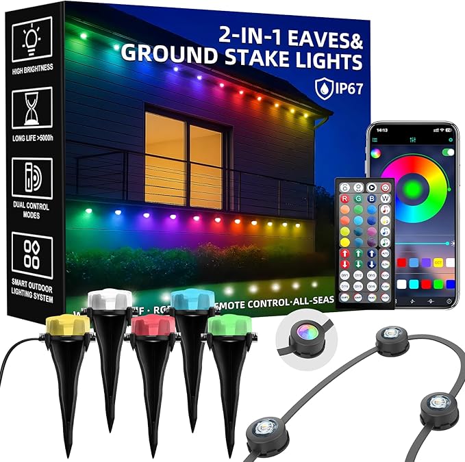 150 FT 2-in-1 Eaves & Ground Stakes LED String Lights, Outdoor RGB Light with App & Remote Control for House, Garden, and Landscape, Waterproof Smart Color-Changing Lighting for Holiday Everyday Decor