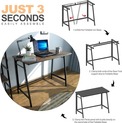 ASTARTH Folding Desk-40 Inch Writing Computer Desk, Space Saving Foldable Table, Modern Simple Style PC Table, Black Metal Frame-Home Office Desk, No Assembly Required, Rustic Brown