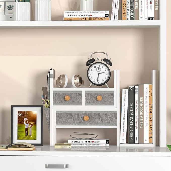 X-cosrack Adjustable Desk Shelves for Storage, Desktop Bookshelf with 3 Drawers, White Wood Desk Shelf for Top of Desk, Corner Desktop Organizer for Women Office