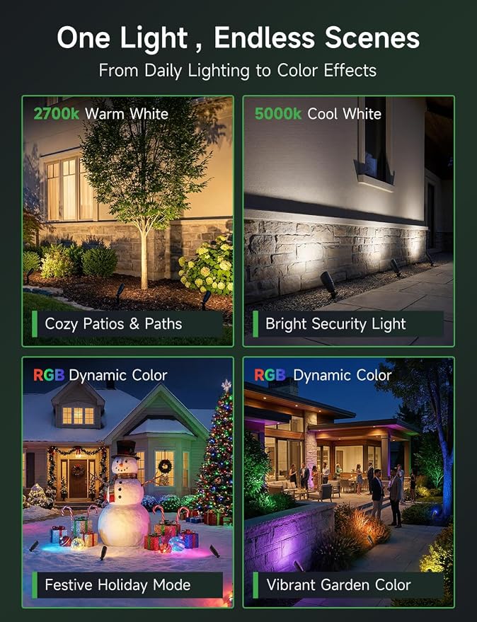 Smart RGBCW Landscape Lighting, 12V Low Voltage Outdoor Color Changing Spotlights, App & Remote Control, IP65 Waterproof, Replaceable MR16 Bulb for Garden, Pathway, Patio & Driveway, 12 Pack