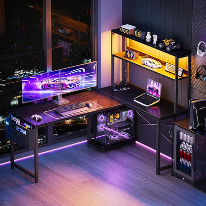 ODK 53" L Shaped Gaming Desk with Shelves, LED & Outlets, Black | Hook for headset, bag for gear. Shelves for books & supplies. LED for gaming nights. Reversible. Home office computer desk.
