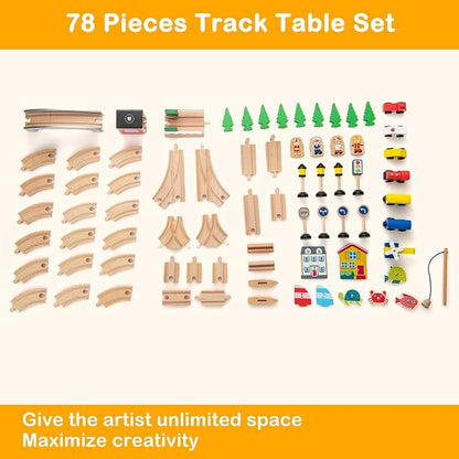 INFANS Train Table with Storage, 78 Pieces Wooden Kids Activity Toy Table Playset with Reversible Detachable Tabletop, Tracks, Train, Railway, City, Gift for Toddler Boys Girls Ages 3+