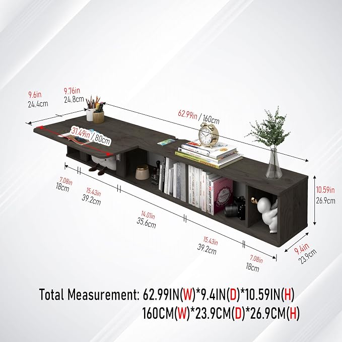 Pmnianhua 63'' Floating Desk with Storage Shelves,Wall Mounted Desk Laptop Computer Writing Study Table for Bedroom Small Space(Dark Grey)