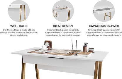 PARMA 42 Inch Modern Desk - Home & Office Small Computer Desk with Wide Drawer - Wooden Study Writing Minimalist Desk with Storage for Small Space, Bedroom & Workstations - Student Desk/Table (White)