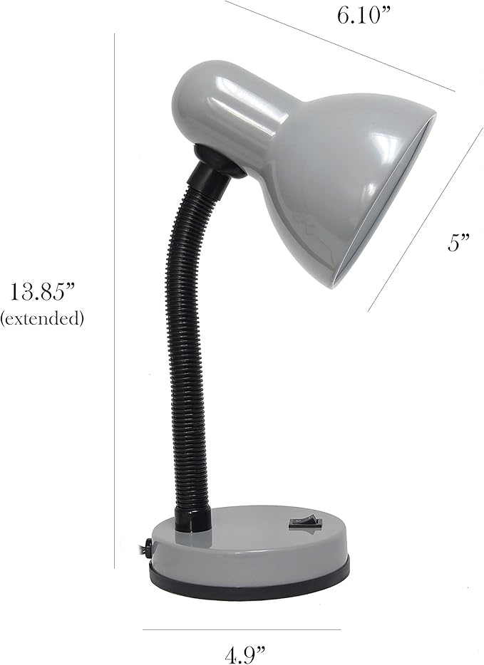 Simple Designs LD1003-SLV Basic Metal Desk Lamp with Flexible Hose Neck for Office, Living Room, Bedroom, College Dorm, Bookshelf, Silver