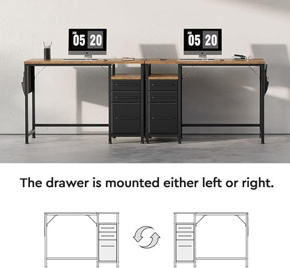 Maihail Small Desk with Drawers, Office Desk with Storage Shelves, Brown | 40 Inch Desktop, Metal Frame, 3 Fabric Drawers, Storage Shelves, Computer & Writing Desk, Office Gaming Workstation