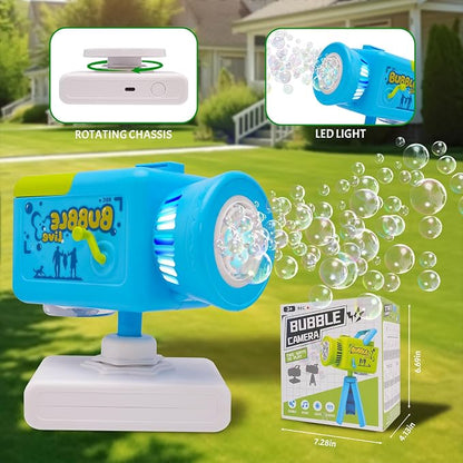 Camera Bubble Machine,Large Capacity Automatic 360° Rotation Kids Bubble Blower with Music&Lights, Rechargeable Portable Kids Bubble Toys for Indoor,Outdoor,Birthday,Patry & Wedding (Blue)