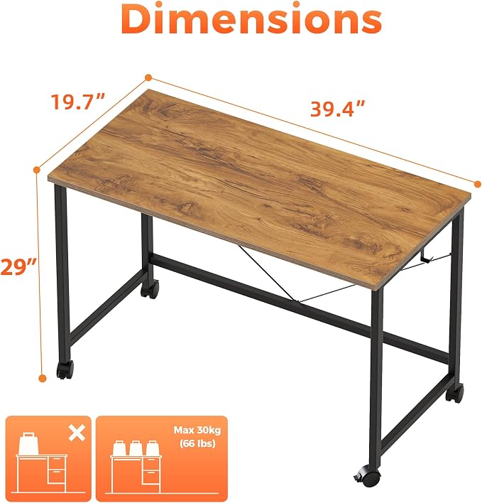 Mericonia 39x20 Inch Computer Desk with Wheels, Small Simple Rolling Desk | Writing Table for Home Office Bedroom Work Study, Brown