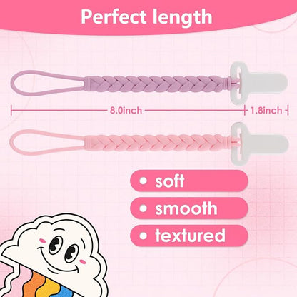 4-Pack Silicone Pacifier Clips with a Woven Rope Shape for Baby Boys and Girls - Flexible and Rust-Free Holders for Teething Relief and Baby Essentials, Safe for Newborns (Pink)